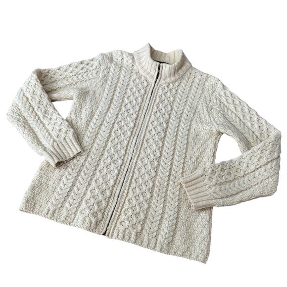 Inis Crafts Irish Cream Wool Zip Cable Knit high neck Cardigan size large - Picture 2 of 12